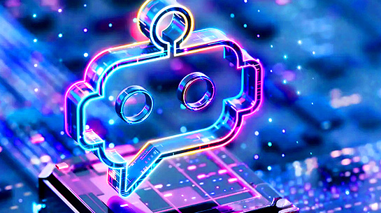 A digital AI robot on a neon technology background representing how AI is impacting search