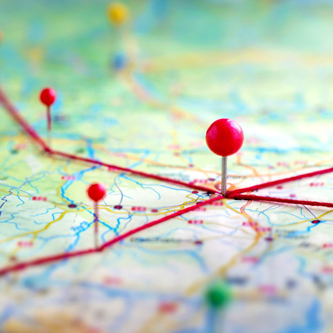 Map with colorful pins representing Bourn Creative's clients