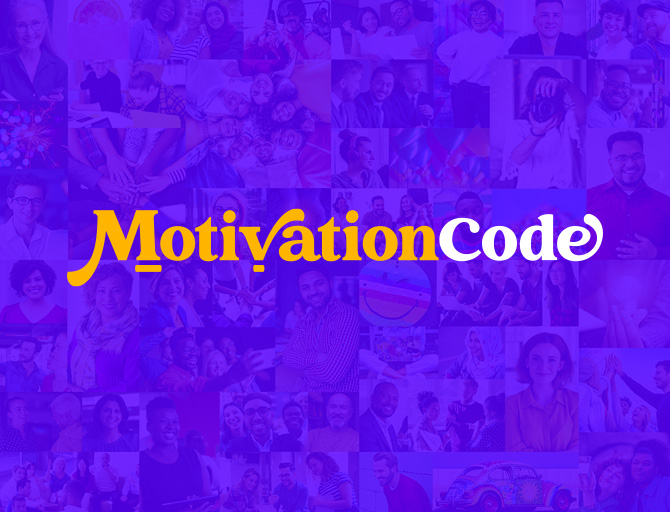 The yellow and white Motivation Code logo on an indigo background with faint collage of diverse, happy, smiling, people