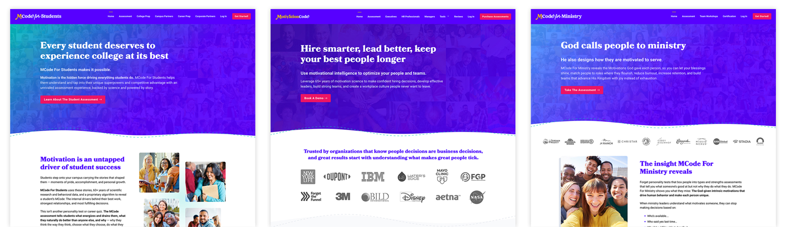 Screenshots of the home pages for all three MCode websites