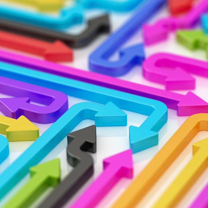 Bright colorful arrows pointing in all directions and making turns as in rebranding services for evolving business making a brand pivot or brand changes