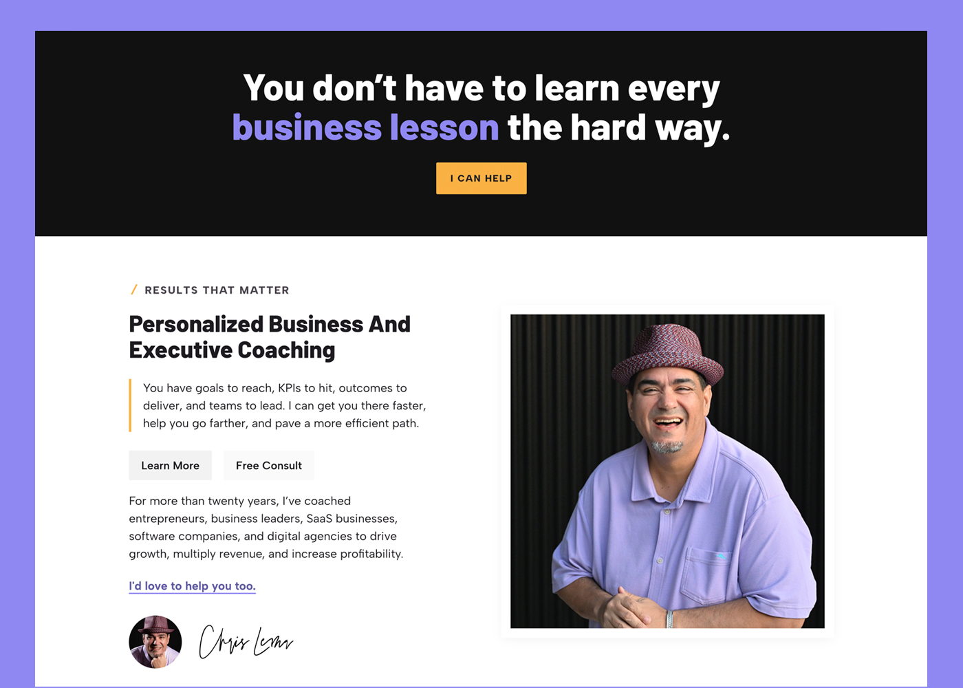 Sample business coach website copywriting and design: Chris Lema