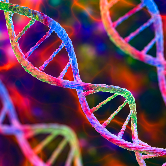 A closeup view of brightly colored strings of DNA, like the brand DNA that makes up a brand's core
