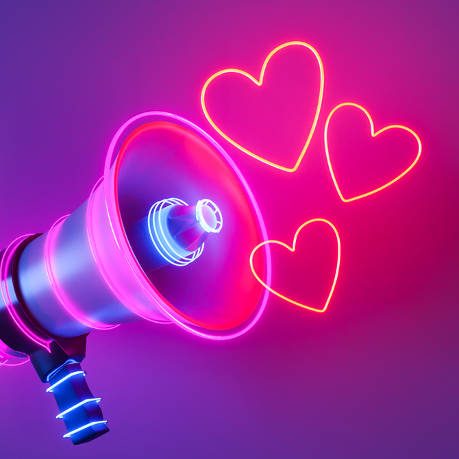 A navy blue and neon pink megaphone amplifying perfect-fit brand messaging in the form of neon, glowing yellow hearts on a purple-pink background