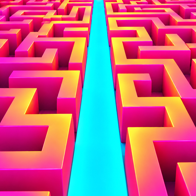 A bright, straight turquoise path through a neon yellow and pink maze representing a clear brand direction