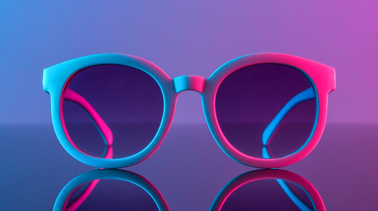 Bold, dark sunglasses in turquoise to purple to pink ombre on a purple background, with a reflection